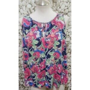 Gap Top Womens Size Medium Floral Navy Pink Rayon Boho Sleeveless Keyhole Neck